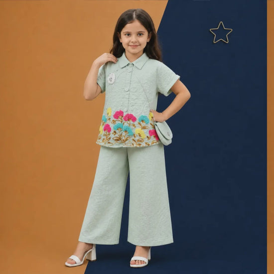Girls Floral Embroidered Co-Ord Set with Crossbody Sling Bag by Irtevo Fashion | Video