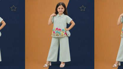 Girls Floral Embroidered Co-Ord Set with Crossbody Sling Bag by Irtevo Fashion | Video
